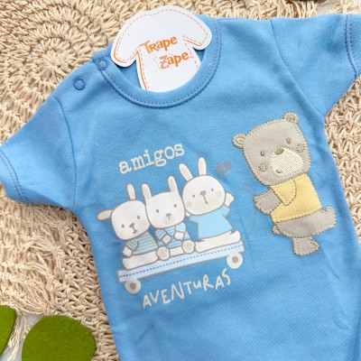 Kit 3 Peças - Bodys Manga Curta Amigos de Aventuras - Azul Jeans, Mescla e Azul Bebê